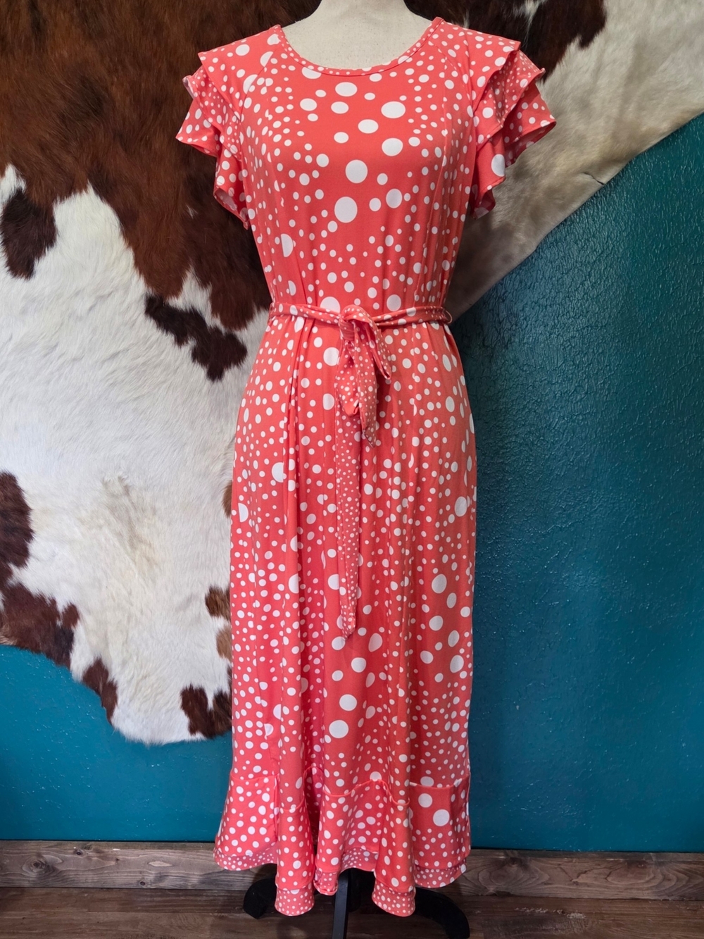 Perceptions Coral and White Polka Dot Maxi Dress
